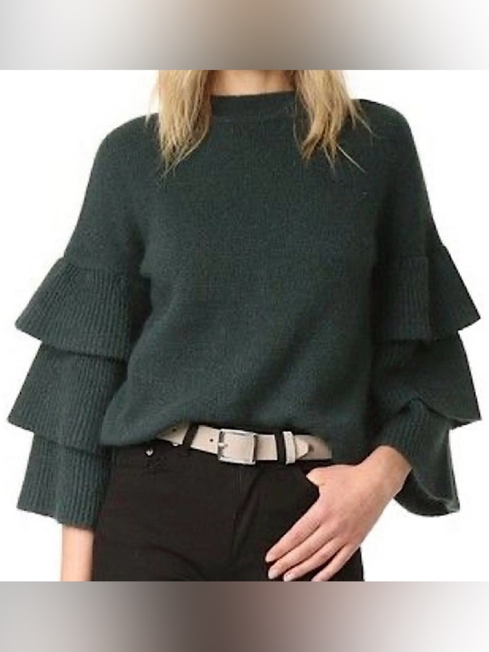 Endless Rose Ruffled Sleeve Brush Sweater in Forest Green
